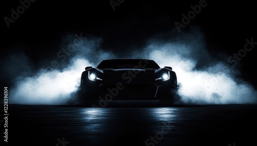 A black sports car with smoke coming out of the headlights, illuminated by studio lights against a dark background. 