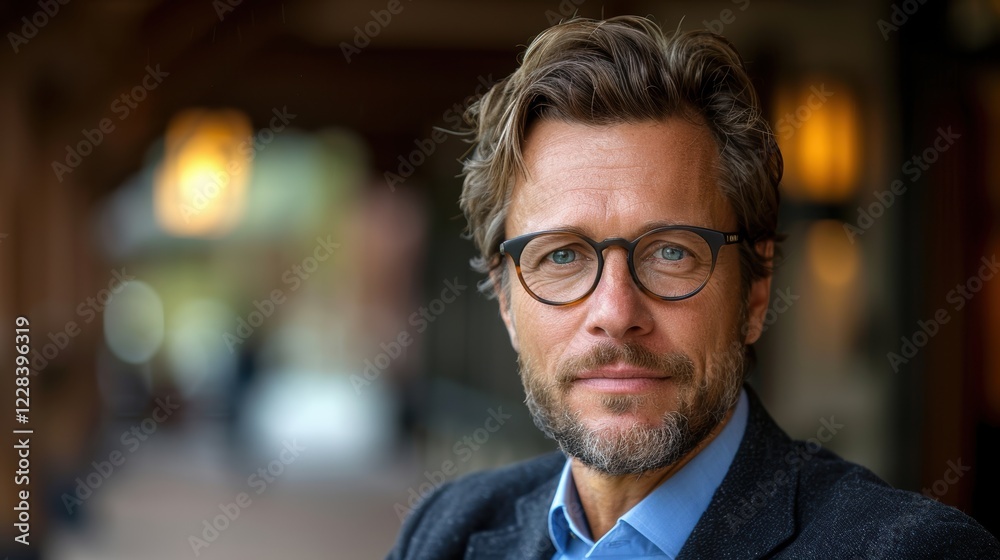 Portrait of a Distinguished Middle-Aged Man Wearing Glasses with Soft Background Lighting and Professional Attire Expressing Confidence and Poise Portrait of a Distinguished Middle-Aged Man Wearing Glasses with Soft Background Lighting and Professional Attire Expressing Confidence and Poise