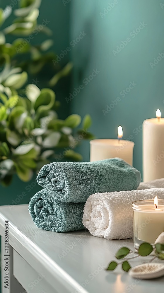 Serene Spa Setting: Teal Towels, Candles, and Tranquility Serene Spa Setting: Teal Towels, Candles, and Tranquility