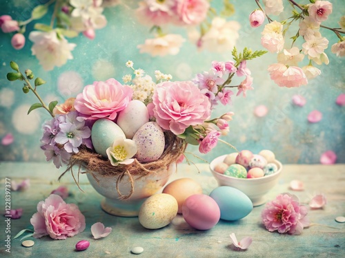 Vintage Easter Floral Abstract: Pastel Spring Blossoms & Eggs