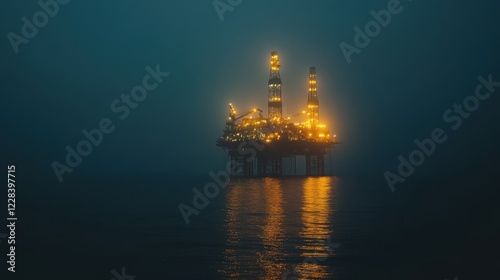 Illuminated offshore oil rig at night, reflecting on calm waters. Perfect for articles on energy, industry, or environmental themes. photo