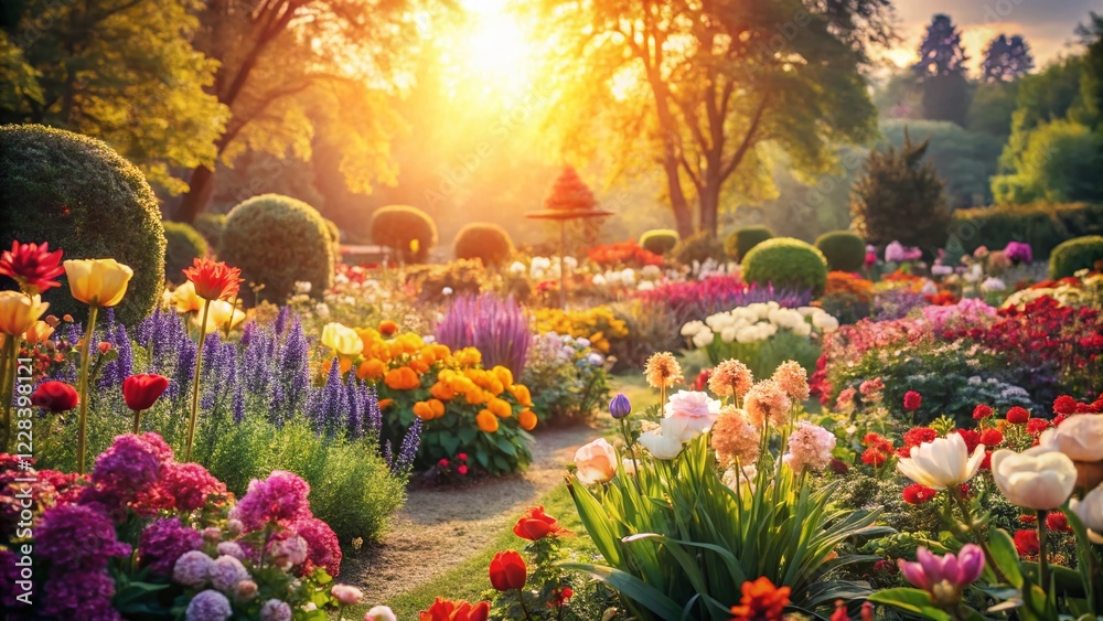 Fototapeta premium Vintage Garden Design: Blooming Flowers in a Sunlit Park