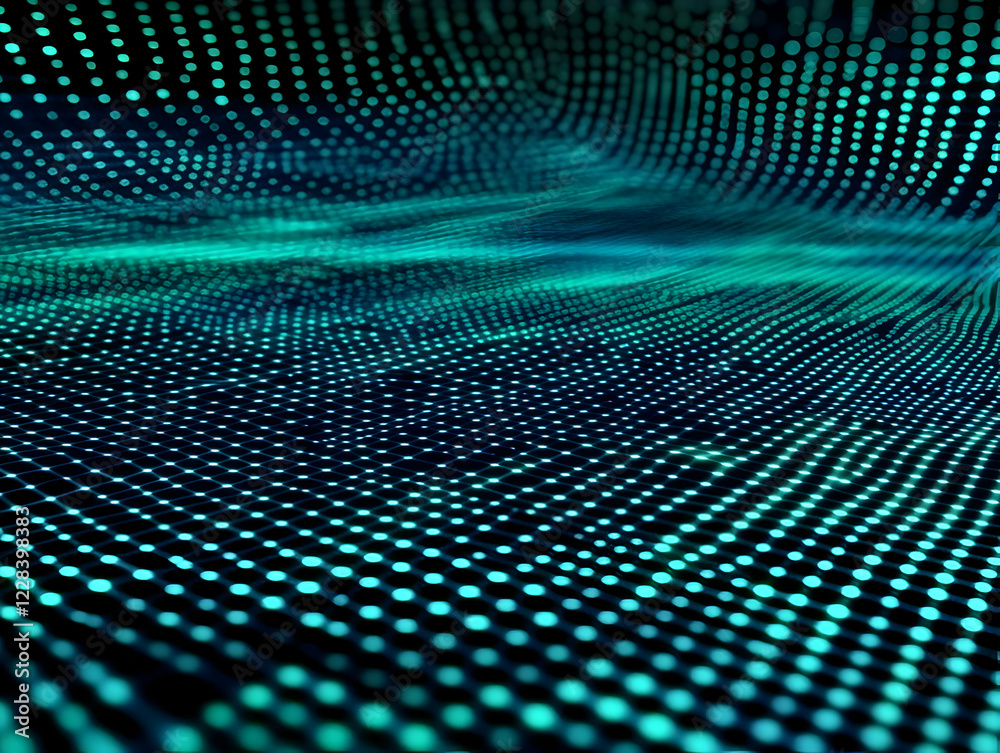 Abstract Background Creates Glowing Turquoise Grid Pattern and Futuristic Digital Wave Effect.