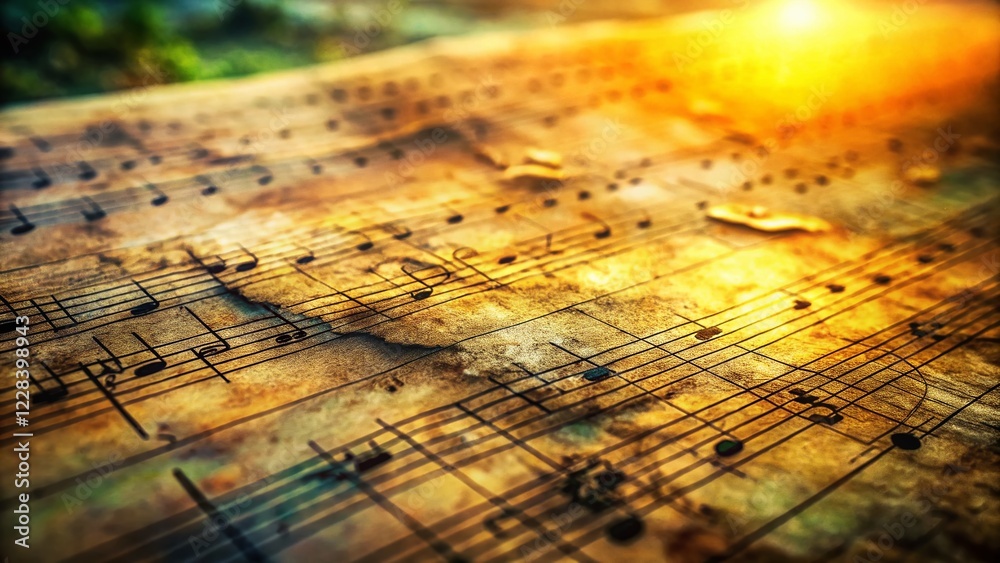 Naklejka premium Vintage Grunge Sheet Music Top View - Retro Tilt-Shift Photo