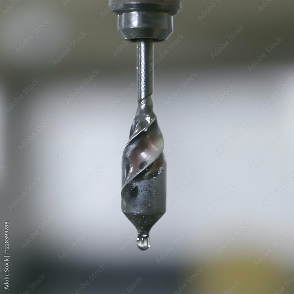Close-Up: Drill Bit Drips with Coolant After Machining Operation in Factory Setting Close-Up: Drill Bit Drips with Coolant After Machining Operation in Factory Setting