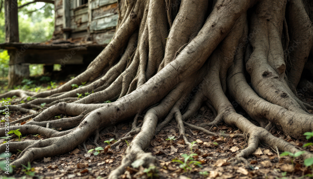 Ancient Tree Roots Embrace Rustic Cabin Ancient Tree Roots Embrace Rustic Cabin