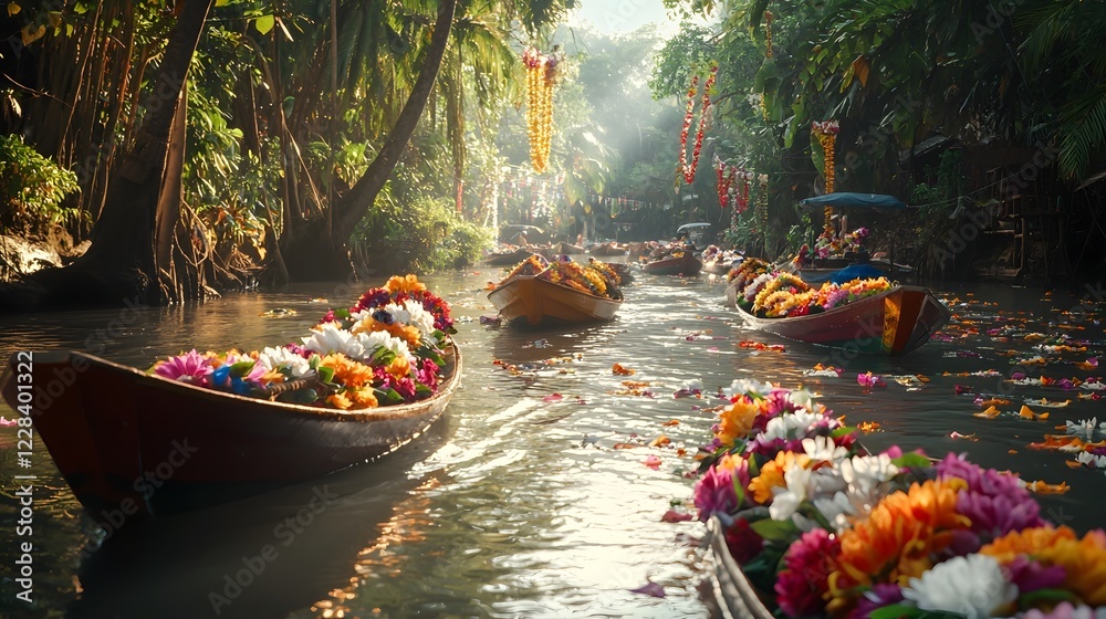 Obraz premium Colorful boats adorned with flower garlands floating on a lush tropical river in a Songkran festival setting The serene waterway reflects the vibrant floral and festive atmosphere of this traditional