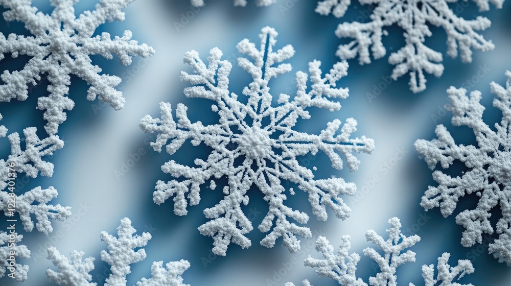 Close-up view of intricate snowflake patterns against a soft blue background, showcasing winter beauty Close-up view of intricate snowflake patterns against a soft blue background, showcasing winter beauty