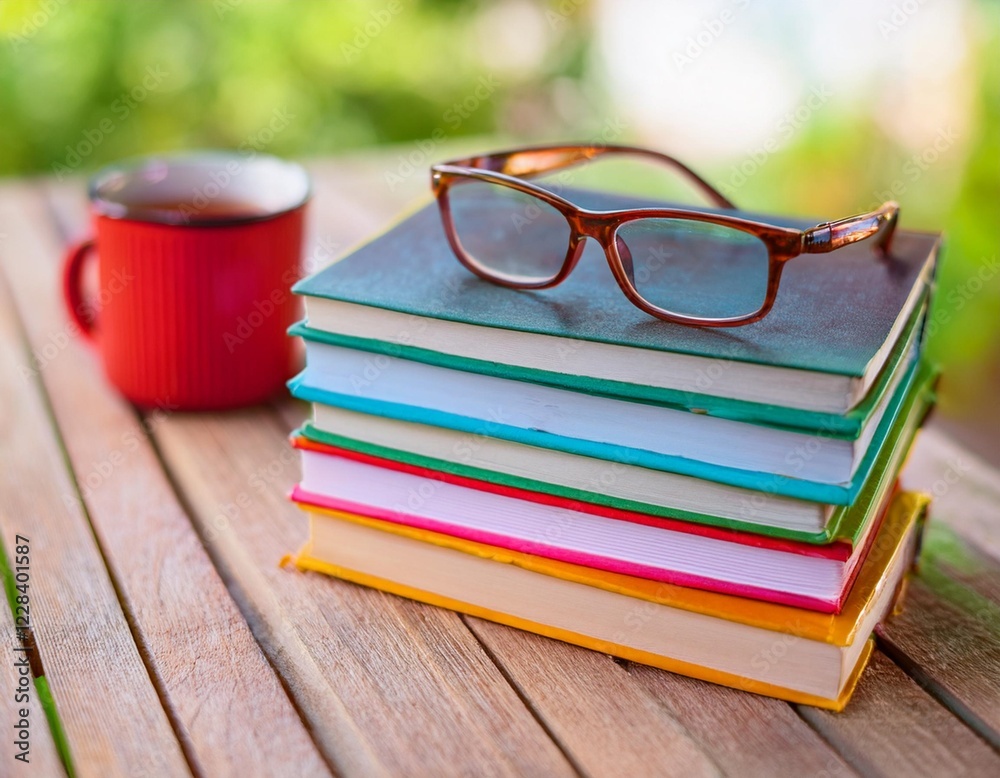 A stack of colorful books with a pair of glasses and a cup of tea on a wooden table, symbolizing knowledge and learning. A stack of colorful books with a pair of glasses and a cup of tea on a wooden table, symbolizing knowledge and learning.