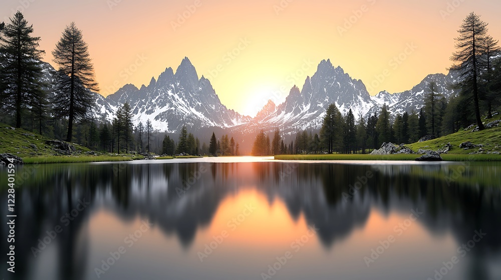 Obraz premium Sunset alpine lake reflection