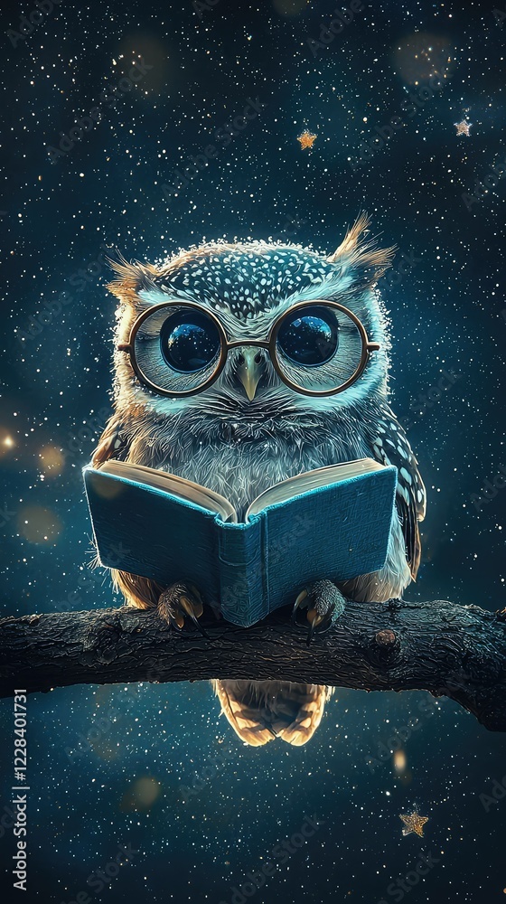 Fototapeta premium Wise Owl Reading a Book Under a Starry Night Sky