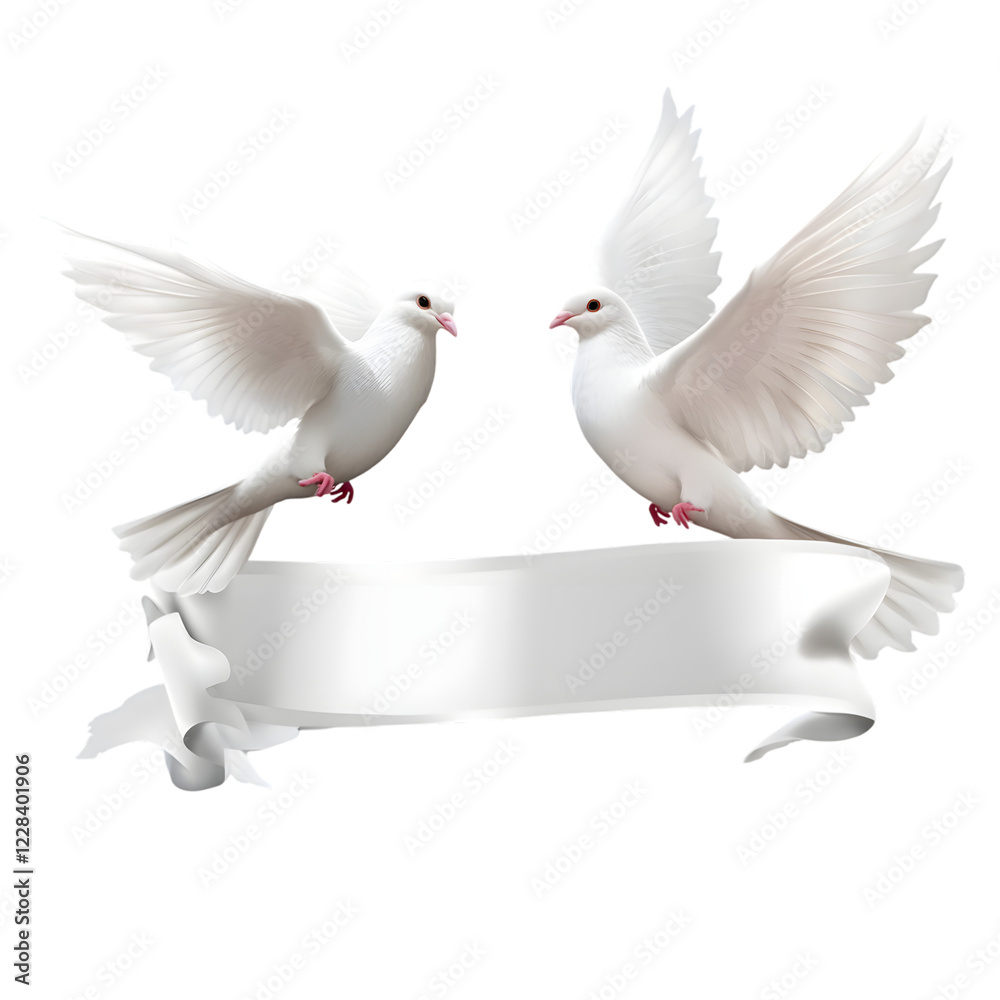 Fototapeta premium Two White Doves Holding a Blank Scroll Banner, Symbol of Peace and Freedom, Isolated on Transparent Background