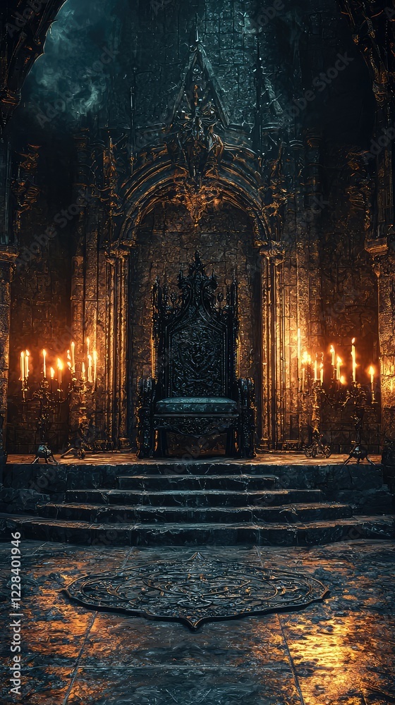 Dark Gothic Throne Room with Candles and Elaborate Architecture Dark Gothic Throne Room with Candles and Elaborate Architecture