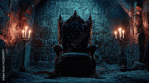 Elegant throne in dark, atmospheric dungeon with flickering candles