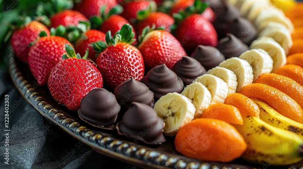 Colorful Platter of Fresh Fruit and Chocolate Treats on a Tray Colorful Platter of Fresh Fruit and Chocolate Treats on a Tray