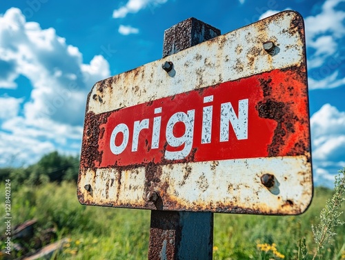 Rusty Outdoor Sign with the Word 'Origin' in a Countryside Setting Under a Bright Blue Sky with White Clouds in the Background photo