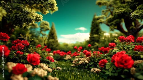 Wallpaper Mural Vibrant garden scene showcasing blooming red roses amidst lush greenery under a clear sky Torontodigital.ca