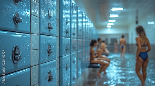 Women in swimsuits wait for their turn to use the showers in a public locker room.