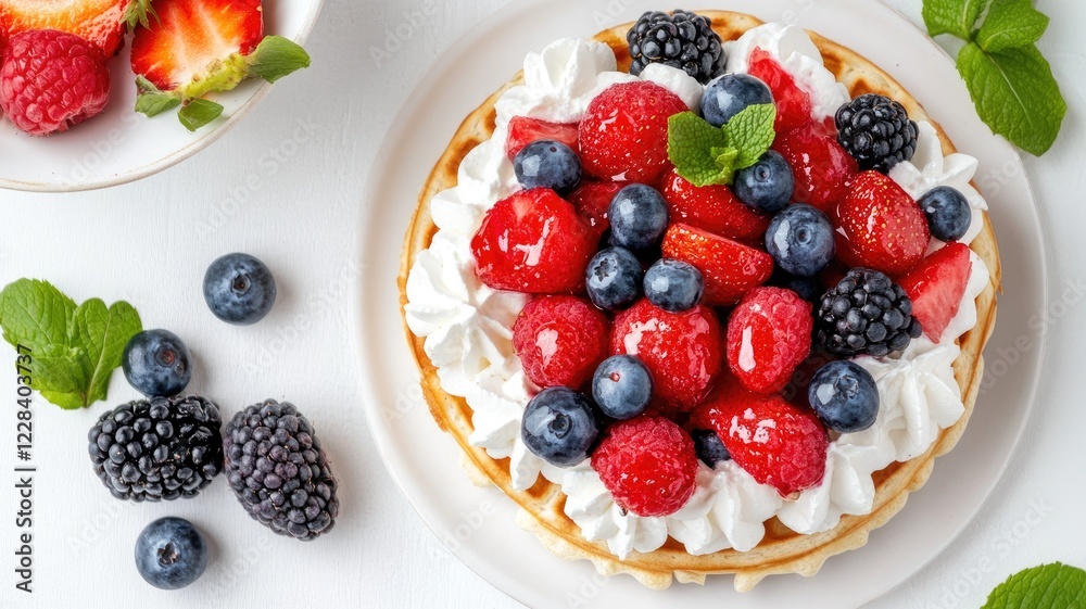 Fresh mixed berry tart with cream and mint garnish Fresh mixed berry tart with cream and mint garnish