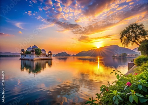 Fateh Sagar Lake Udaipur Rajasthan: Serene Sunrise Over City Palace photo