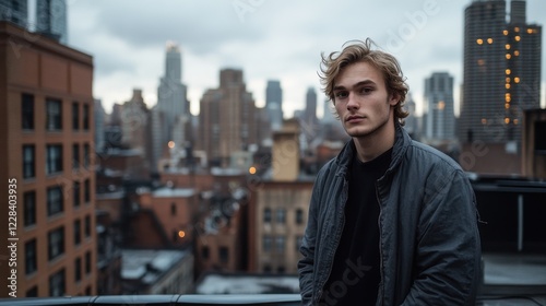 Urban Portrait: Young Man on Rooftop with City Skyline photo