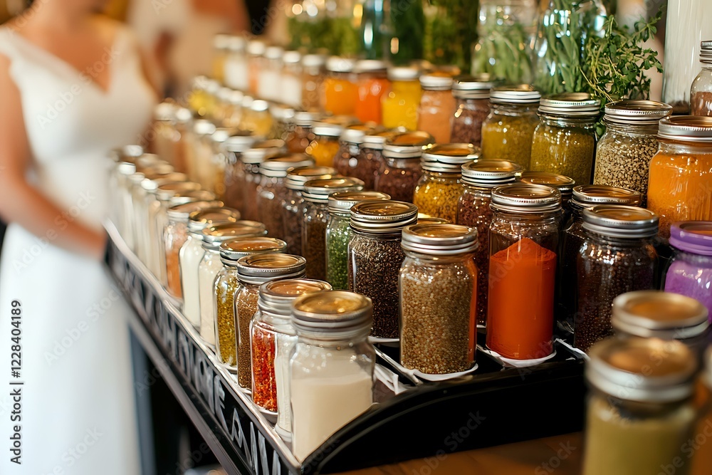 Colorful array of glass mason jars filled with various spices, seasonings, and dry ingredients arranged on wooden shelves in pantry storage, selective focus on jars. Colorful array of glass mason jars filled with various spices, seasonings, and dry ingredients arranged on wooden shelves in pantry storage, selective focus on jars.