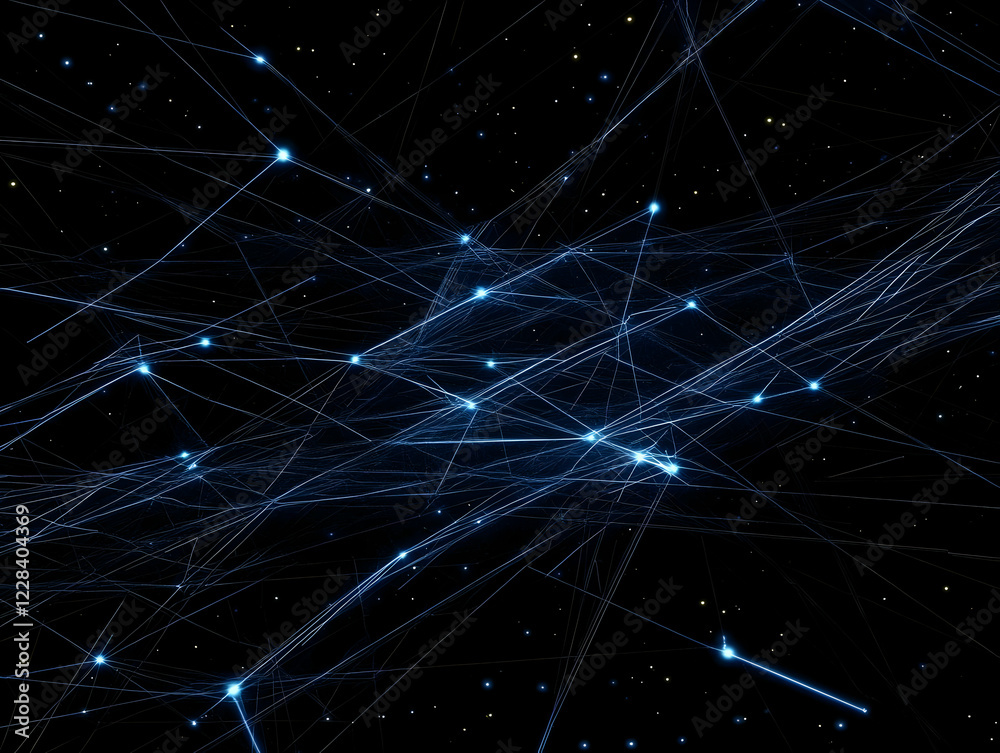 Abstract Network of Lines and Glowing Dots Spreads Across Dark Space Background with Stars