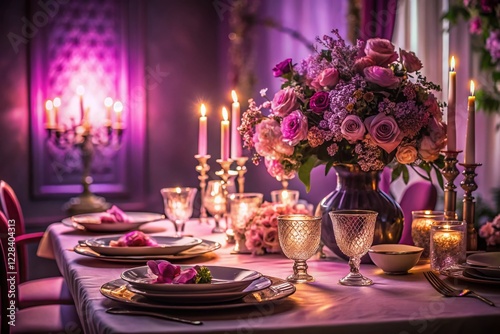 Vintage Purple-Lit Dinner Table Setting with Floral Centerpiece & Pink Tablecloth