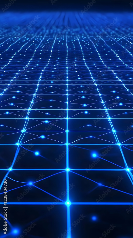 Obraz premium Abstract 3D Background Creates a Futuristic Network Grid with Glowing Blue Lines and Nodes Dynamically.