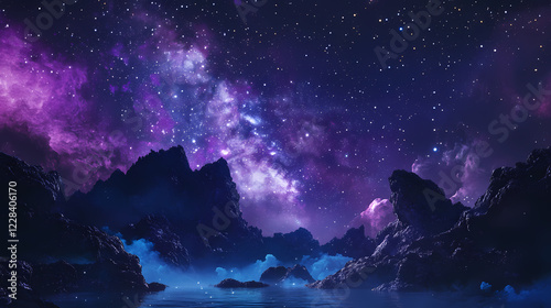 Night sky with milky way near sagittarius constellation, bright kaus borealis star in lower middle, purple lagoon and trifid nebula visible. long exposure stacked photo. Stellar Lagoon. Illustration