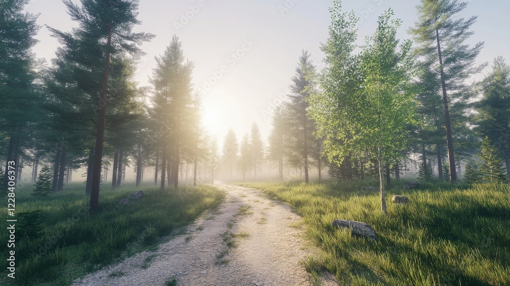 Fototapeta premium Serene forest pathway illuminated by soft sunlight with mist, surrounded by lush greenery