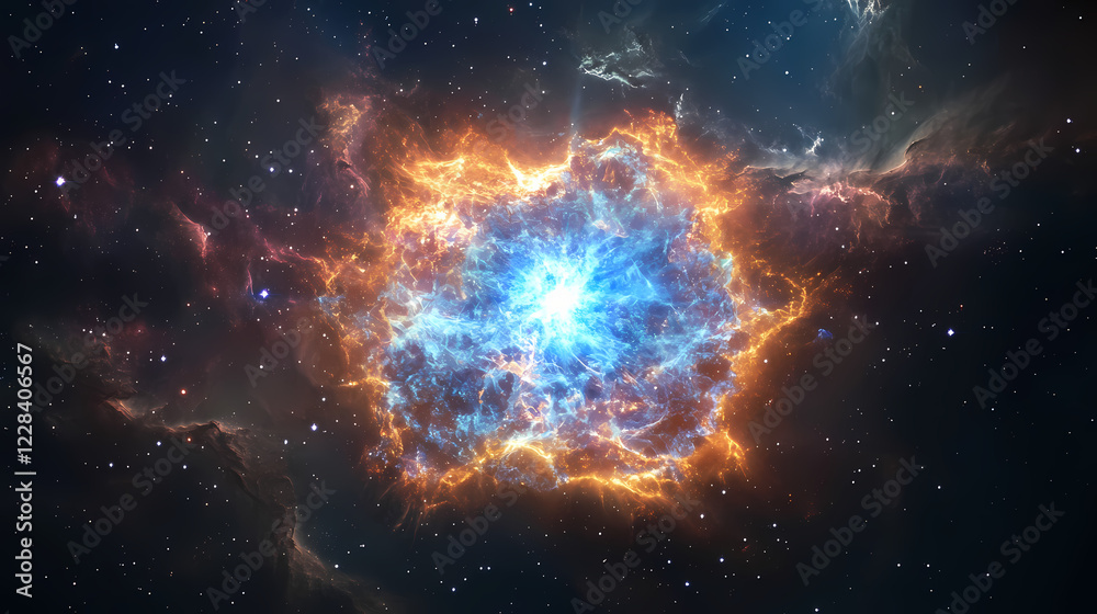 Naklejka premium The astronauts marveled at the beauty of a nearby supernova remnant, the expanding cloud of gas and dust a reminder of the power of stellar explosions. Stellar Lagoon. Illustration