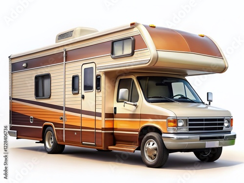 Vintage Style Class C RV, Sleek Recreational Vehicle, Isolated White Background, Retro Travel Trailer,  Classic Campervan