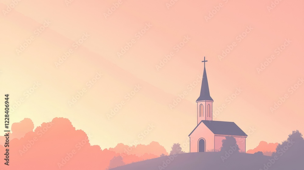 Fototapeta premium Serene Sunset Over a Charming Hilltop Church in Soft Pastel Colors