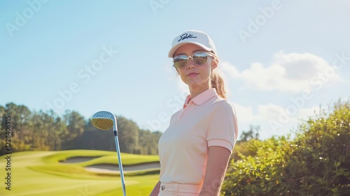 A woman with a golf club stands on a sunny golf course, wearing a white cap and sunglasses, ready to play