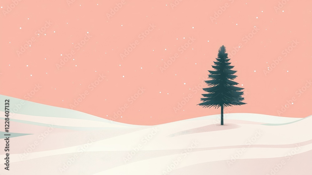 Serene Winter Landscape with Isolated Evergreen Tree and Pink Sky Serene Winter Landscape with Isolated Evergreen Tree and Pink Sky
