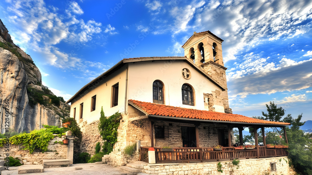 Fototapeta premium Charming Church Nestled Against a Cliffside Stands Serenely Under a Blue Sky with Fluffy White Clouds.