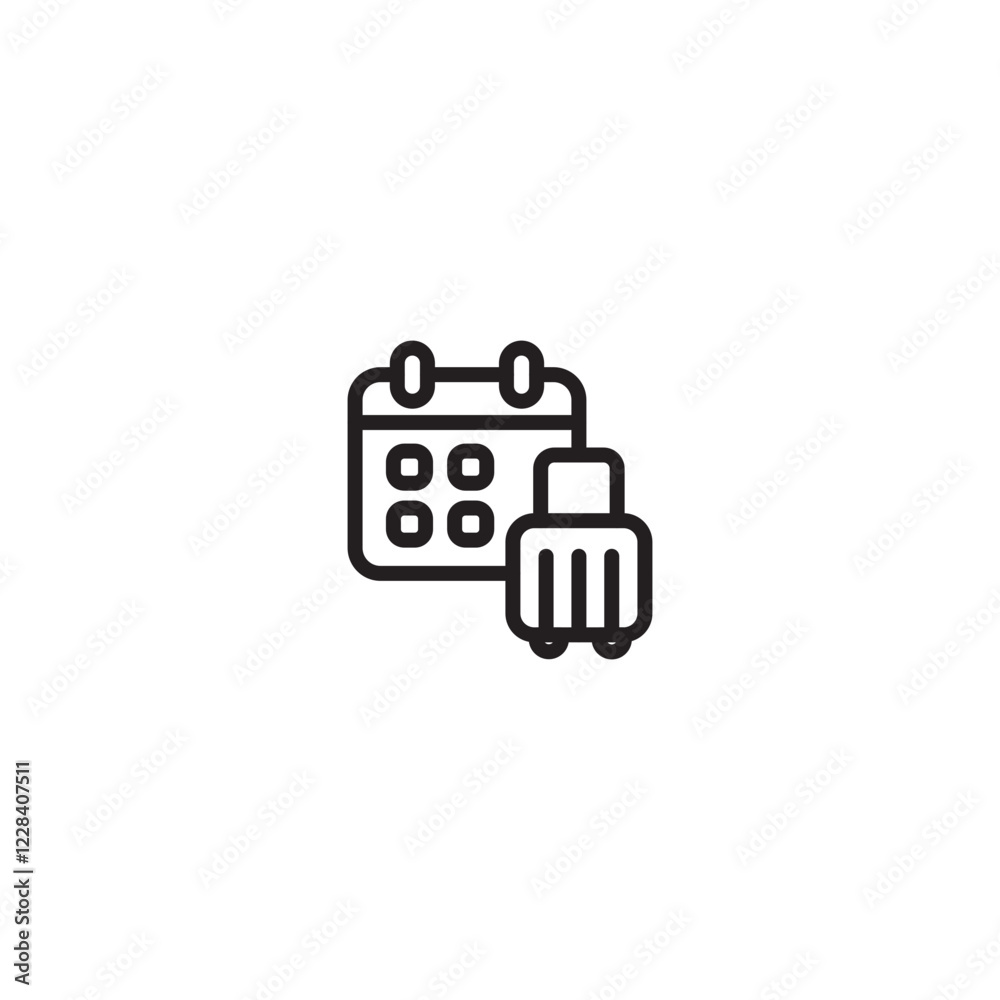 Travel calendar icon. Calendar with suitcase icon. Vacation planning reminder.Minimalist travel calendar. Travel calendar icon. Calendar with suitcase icon. Vacation planning reminder.Minimalist travel calendar.