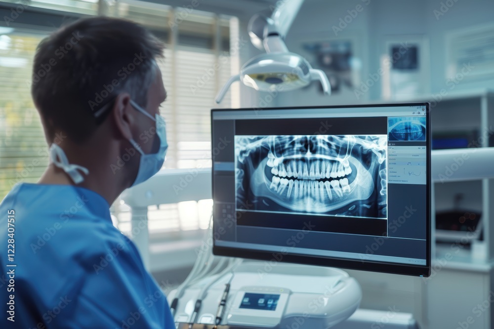 Dental Professional Analyzing Detailed X-Ray Image of a Patient's Teeth in Modern Clinic for Diagnostic and Treatment Planning Purposes, Ensuring Optimal Oral Health Care Dental Professional Analyzing Detailed X-Ray Image of a Patient's Teeth in Modern Clinic for Diagnostic and Treatment Planning Purposes, Ensuring Optimal Oral Health Care