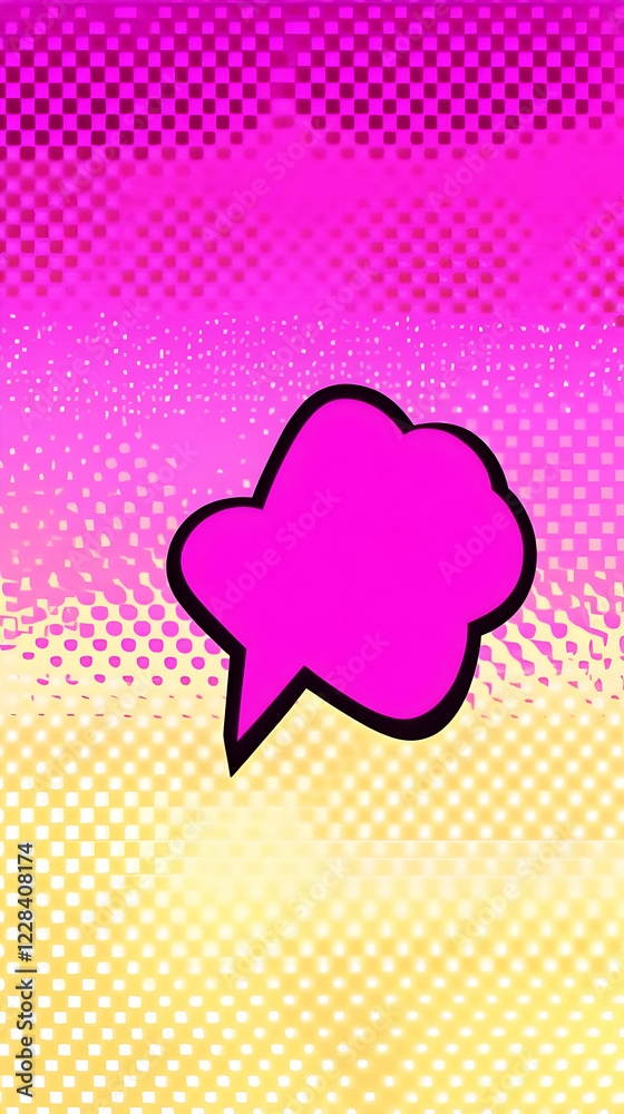 Pink Speech Bubble Floats on a Vibrant Yellow and Pink Checkered Halftone Background.