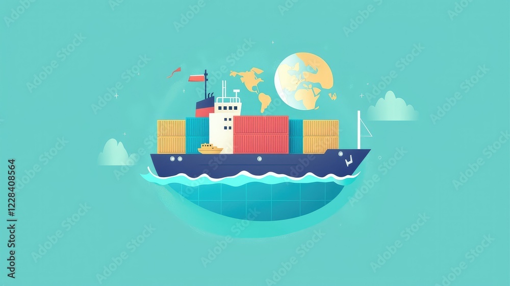 Obraz premium Colorful Container Ship with World Map and Ocean Background