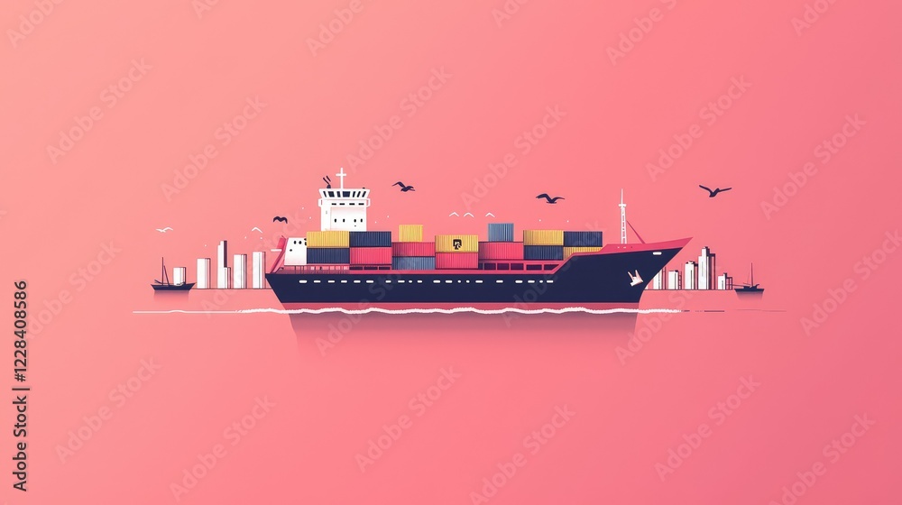 Obraz premium Colorful Container Ship Sailing in Calm Water with City Skyline