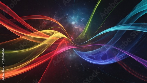 A vibrant display of swirling colors, featuring a rich blend of reds, blues, and greens against a cosmic background, evoking a sense of motion and energy.