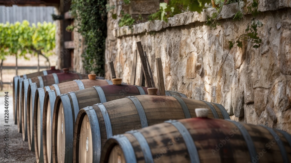 Rows of wooden wine barrels lined against a rustic stone wall, surrounded by lush green vines, creating an inviting vineyard atmosphere. Rows of wooden wine barrels lined against a rustic stone wall, surrounded by lush green vines, creating an inviting vineyard atmosphere.