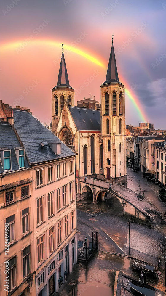 Fototapeta premium Rainbow Arcs Gracefully Over Historic Church in a Quaint European City at Sunset