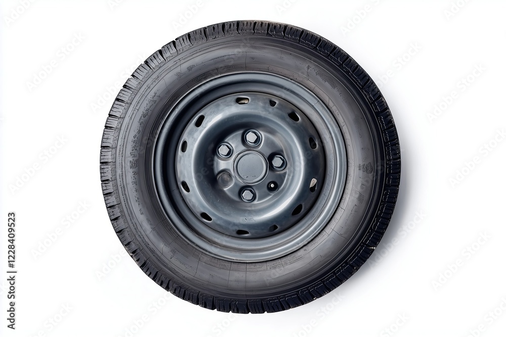 Obraz premium Black automotive tire with metal rim resting on white background