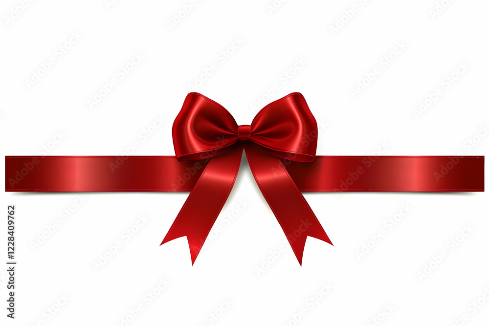 Shiny Red Ribbon Bow with Horizontal Banner on White Background for Decoration. Shiny Red Ribbon Bow with Horizontal Banner on White Background for Decoration.