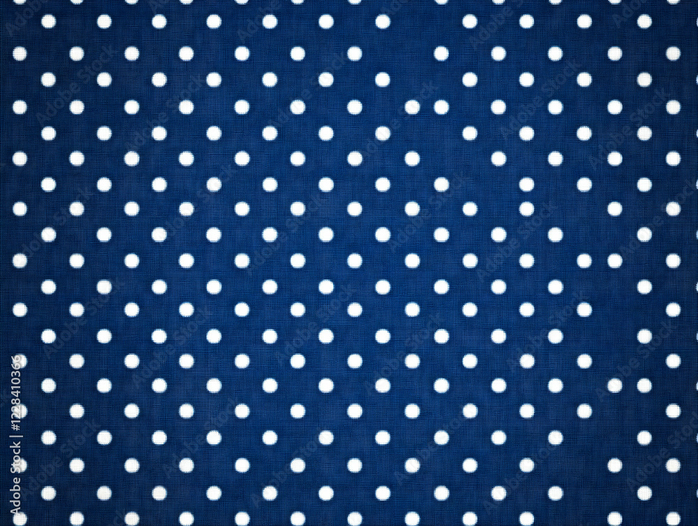Close-up of Blue Fabric with White Polka Dots shows a Textured Surface Pattern Uniformly. Close-up of Blue Fabric with White Polka Dots shows a Textured Surface Pattern Uniformly.