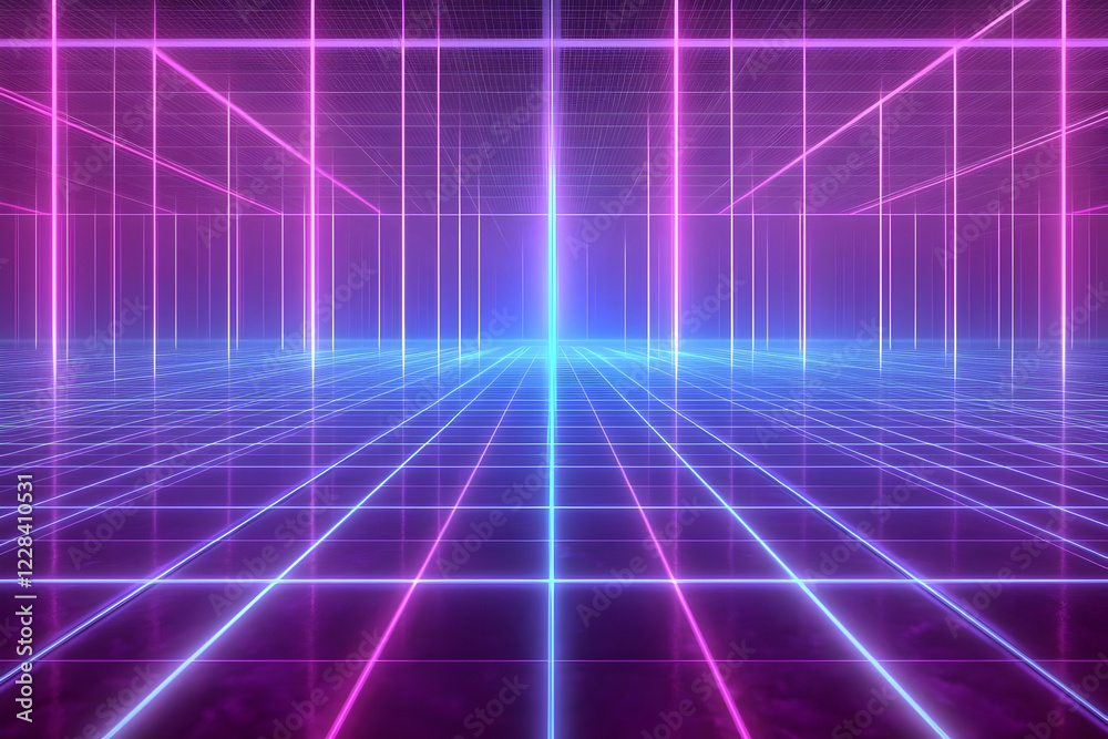 Neon Grid Floor and Ceiling Creates Futuristic Purple and Blue Space Background Neon Grid Floor and Ceiling Creates Futuristic Purple and Blue Space Background