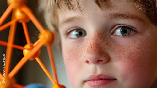 Close up portrait of a young boy gazing intently at a complex 3D geometric model his face filled with a sense of curiosity fascination and deep as he explores the captivating design photo